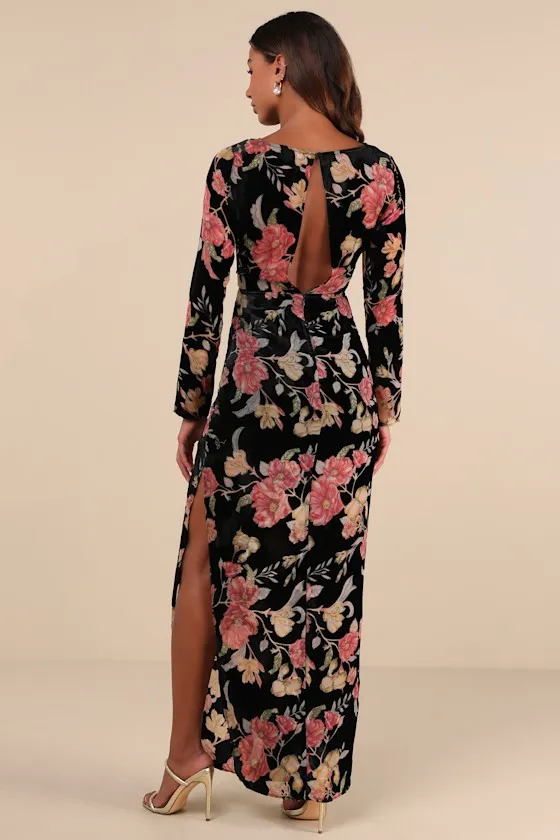Glorious Aura Black Velvet Floral Burnout Long Sleeve Maxi Dress sold by Lulus product image thumbnail 2