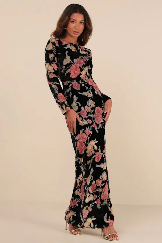Glorious Aura Black Velvet Floral Burnout Long Sleeve Maxi Dress sold by Lulus product image thumbnail 3