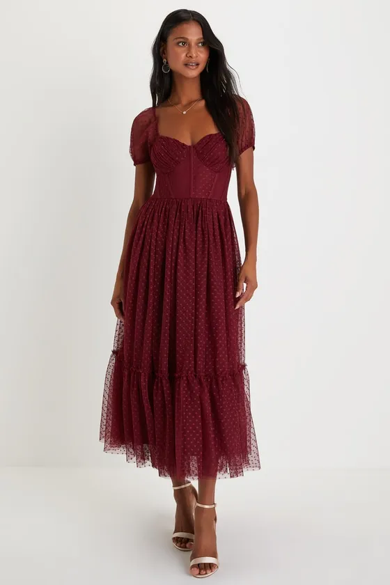 Sweet Amor Burgundy Tulle Swiss Dot Tiered Bustier Midi Dress sold by Lulus