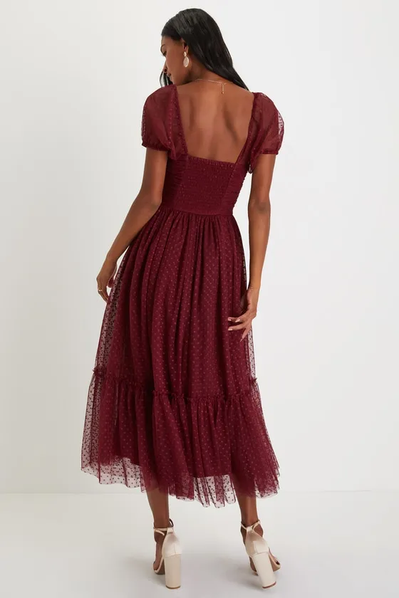 Sweet Amor Burgundy Tulle Swiss Dot Tiered Bustier Midi Dress sold by Lulus product image thumbnail 2