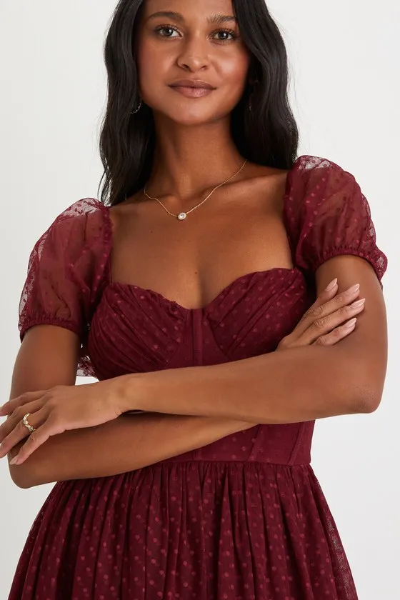 Sweet Amor Burgundy Tulle Swiss Dot Tiered Bustier Midi Dress sold by Lulus product image thumbnail 3
