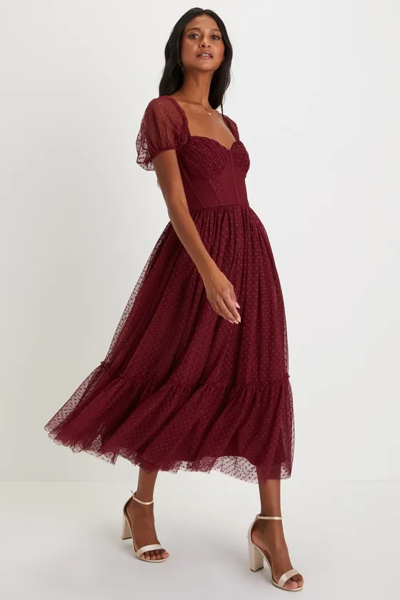 Sweet Amor Burgundy Tulle Swiss Dot Tiered Bustier Midi Dress sold by Lulus product image thumbnail 4