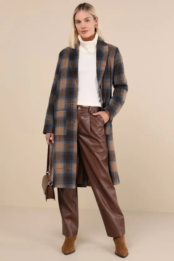 Posh Weather Brown and Blue Plaid Collared Peacoat sold by Lulus