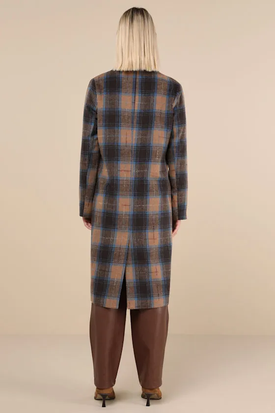 Posh Weather Brown and Blue Plaid Collared Peacoat sold by Lulus product image thumbnail 2