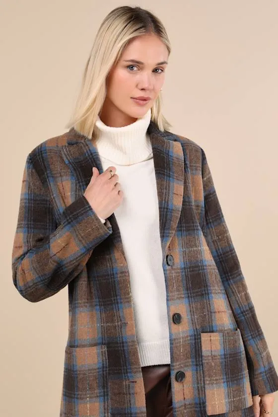 Posh Weather Brown and Blue Plaid Collared Peacoat sold by Lulus product image thumbnail 3