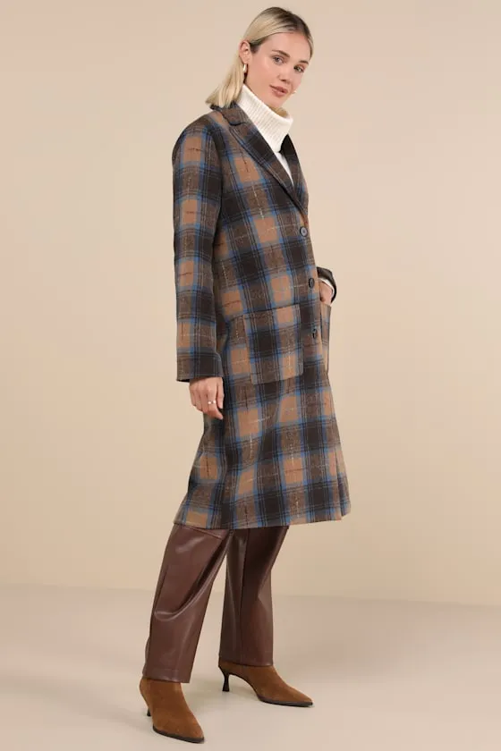Posh Weather Brown and Blue Plaid Collared Peacoat sold by Lulus product image thumbnail 4