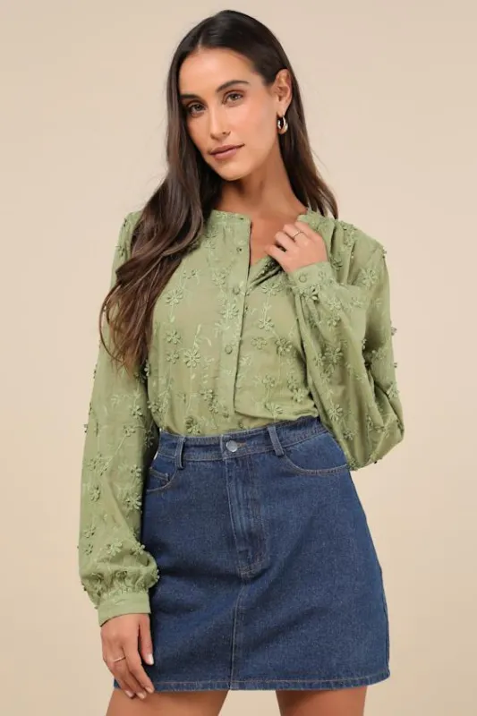 Contemporary Flirt Green Embroidered Balloon Sleeve Top sold by Lulus