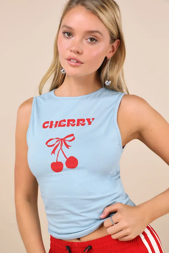 Leen Light Blue Cherry Graphic Tank Top sold by Lulus