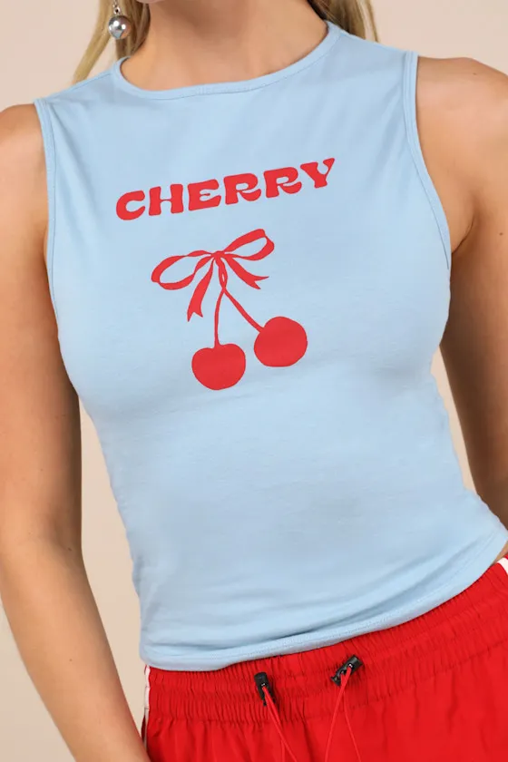 Leen Light Blue Cherry Graphic Tank Top sold by Lulus product image thumbnail 4
