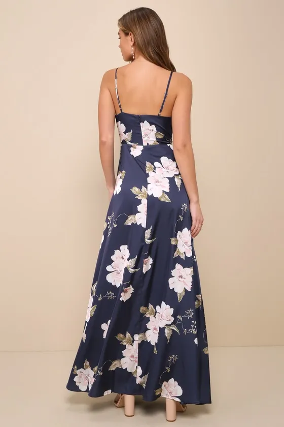 Radiant Occasion Navy Blue Floral Satin A-Line Maxi Dress sold by Lulus product image thumbnail 2