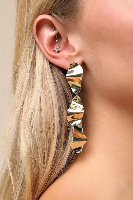 Elevated Marvel Gold Crinkled Drop Earrings sold by Lulus