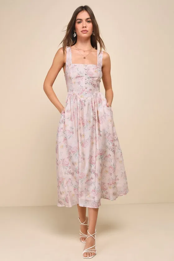Darling Adoration Blush Pink Floral Midi Dress With Pockets sold by Lulus