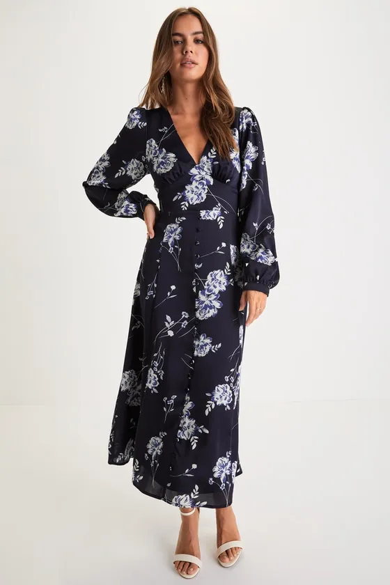 Beautiful Details Navy Blue Floral Long Sleeve Midi Dress sold by Lulus