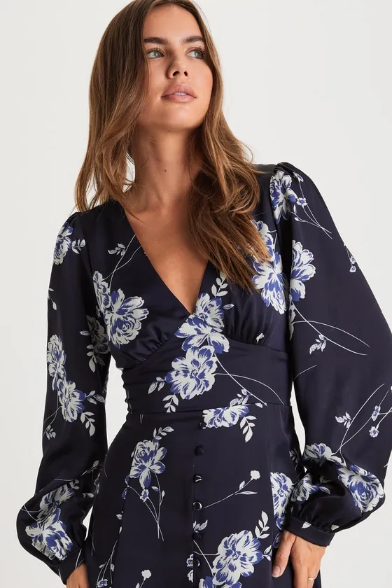 Beautiful Details Navy Blue Floral Long Sleeve Midi Dress sold by Lulus product image thumbnail 2