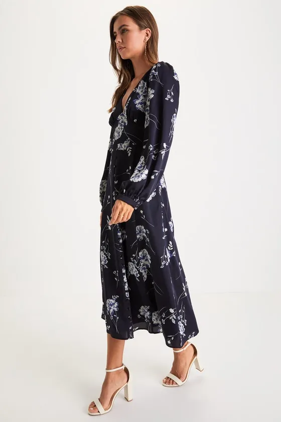 Beautiful Details Navy Blue Floral Long Sleeve Midi Dress sold by Lulus product image thumbnail 4