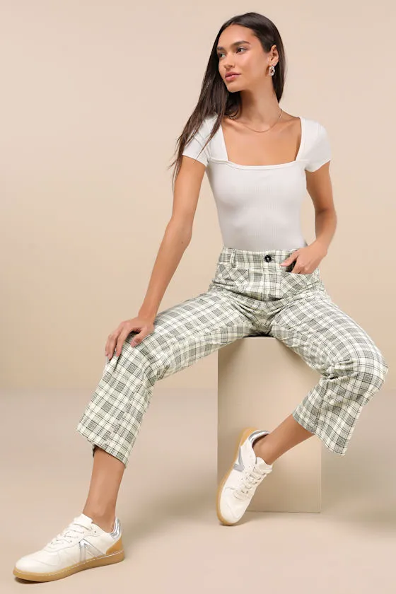 Modish Behavior Cream and Green Plaid Corduroy High-Rise Pants sold by Lulus