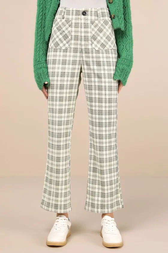 Modish Behavior Cream and Green Plaid Corduroy High-Rise Pants sold by Lulus product image thumbnail 2