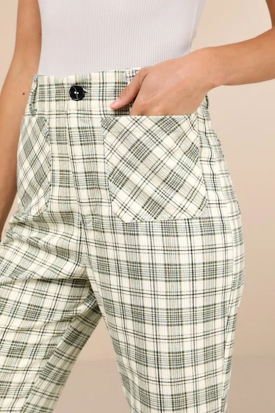 Modish Behavior Cream and Green Plaid Corduroy High-Rise Pants sold by Lulus product image thumbnail 4