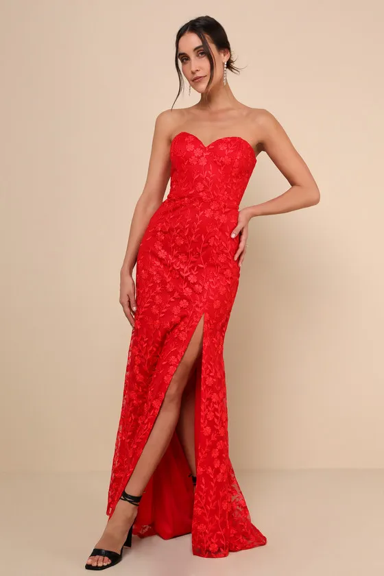 Romantic Beauty Red Floral Embroidered Strapless Maxi Dress sold by Lulus