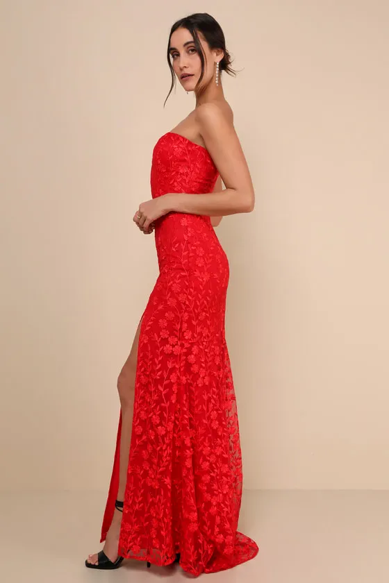 Romantic Beauty Red Floral Embroidered Strapless Maxi Dress sold by Lulus product image thumbnail 3