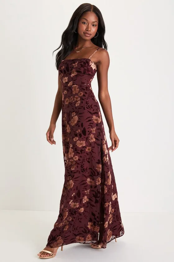Effortless Celebration Burgundy Floral Burnout A-Line Maxi Dress sold by Lulus