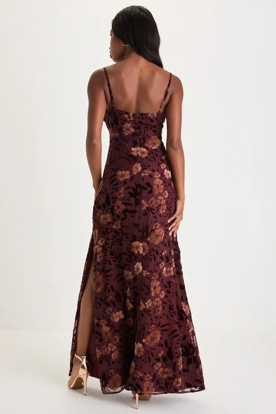 Effortless Celebration Burgundy Floral Burnout A-Line Maxi Dress sold by Lulus product image thumbnail 2