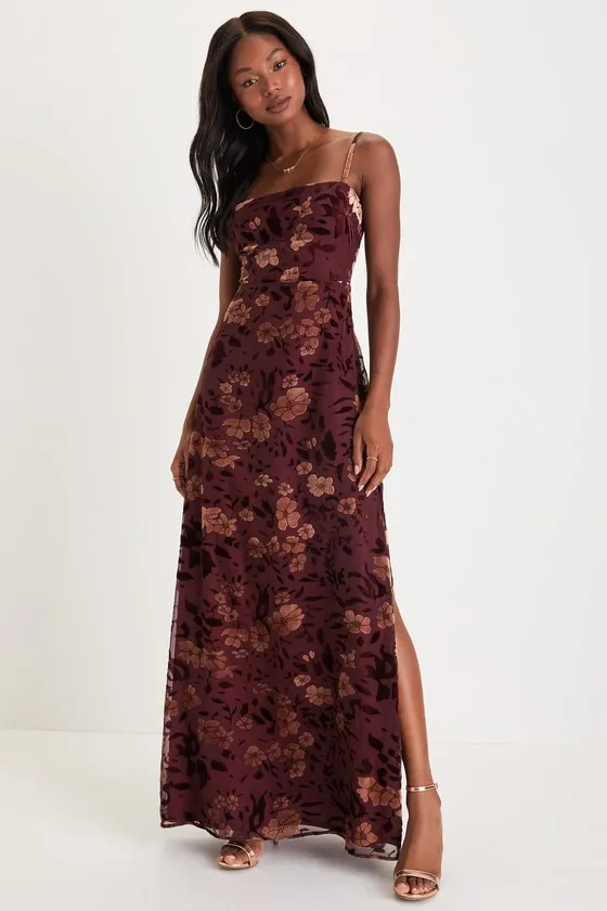 Effortless Celebration Burgundy Floral Burnout A-Line Maxi Dress sold by Lulus product image thumbnail 3