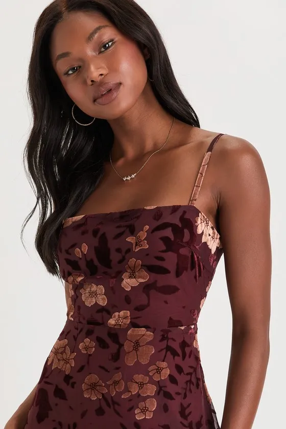 Effortless Celebration Burgundy Floral Burnout A-Line Maxi Dress sold by Lulus product image thumbnail 4