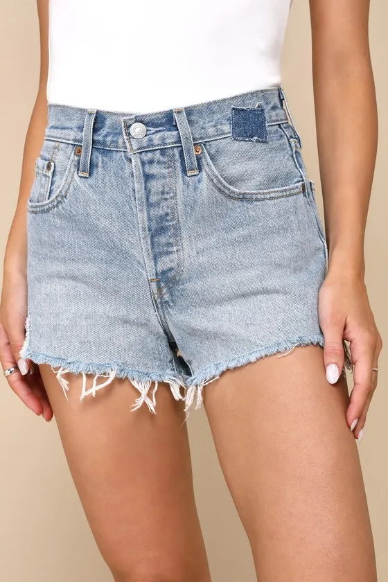 501 Original Light Wash Distressed High-Rise Denim Shorts sold by Lulus