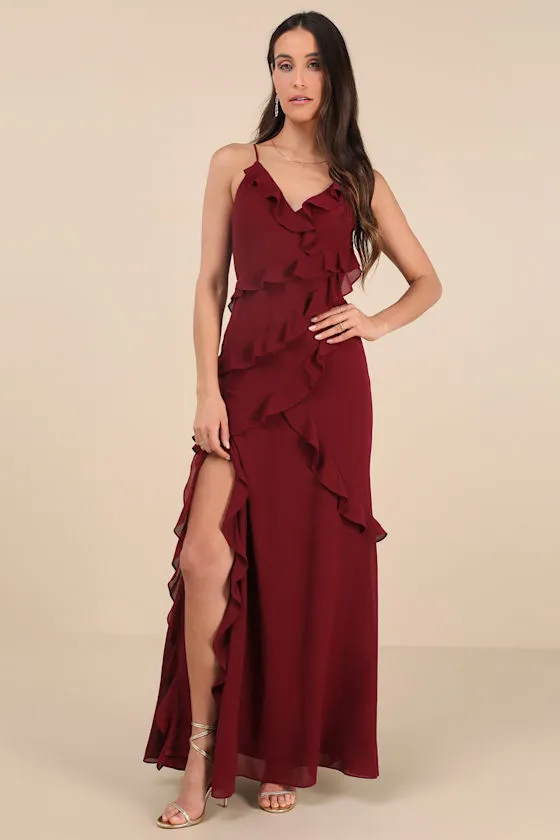 Fancy Sweetness Wine Red Ruffled Lace-Up Sleeveless Maxi Dress sold by Lulus