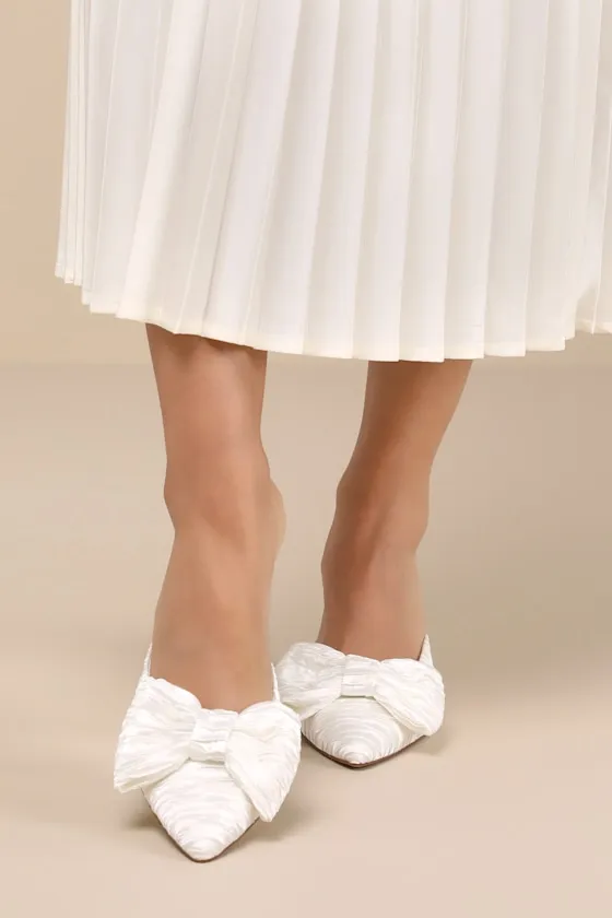 Bettanie White Satin Textured Bow High Heel Mules sold by Lulus product image thumbnail 2