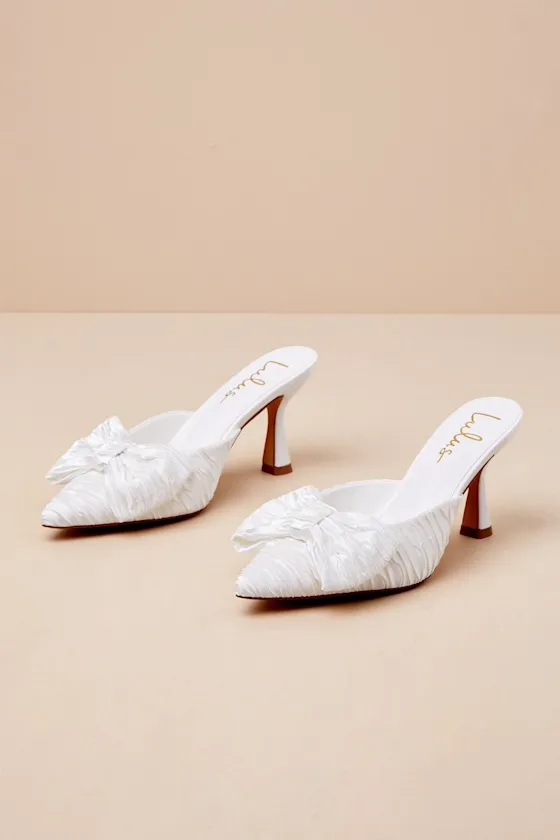Bettanie White Satin Textured Bow High Heel Mules sold by Lulus product image thumbnail 4