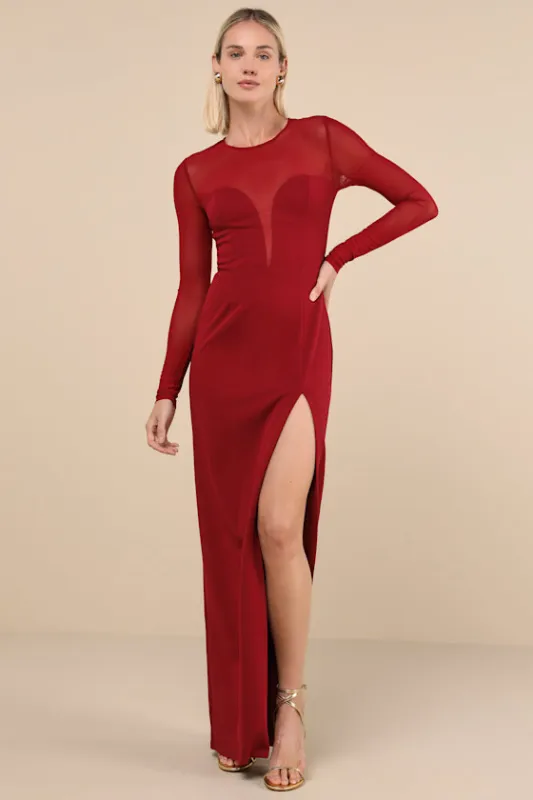 Impeccable Mystique Burgundy Long Sleeve Maxi Dress sold by Lulus