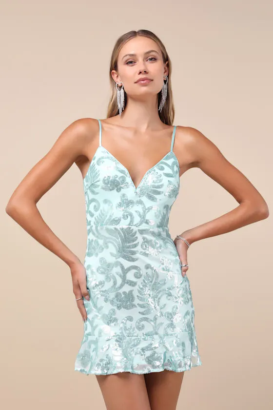 Vivacious Energy Mint Blue Sequin Sleeveless Mini Dress sold by Lulus