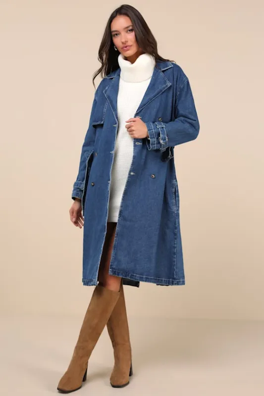 Trendsetting Weather Medium Wash Denim Trench Coat sold by Lulus