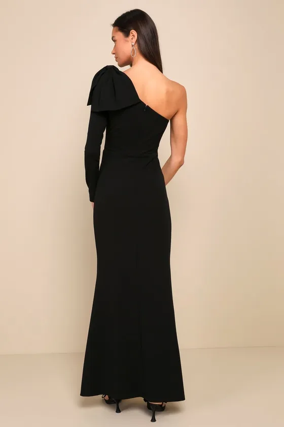 Sophisticated Poise Black Bow One-Shoulder Maxi Dress sold by Lulus product image thumbnail 2