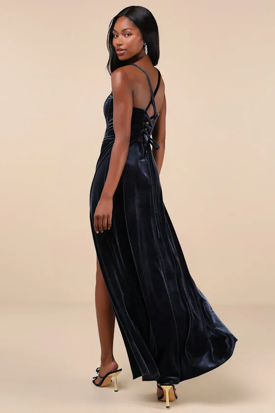Extravagant Muse Dark Slate Velvet Lace-Up Bustier Maxi Dress sold by Lulus product image thumbnail 2
