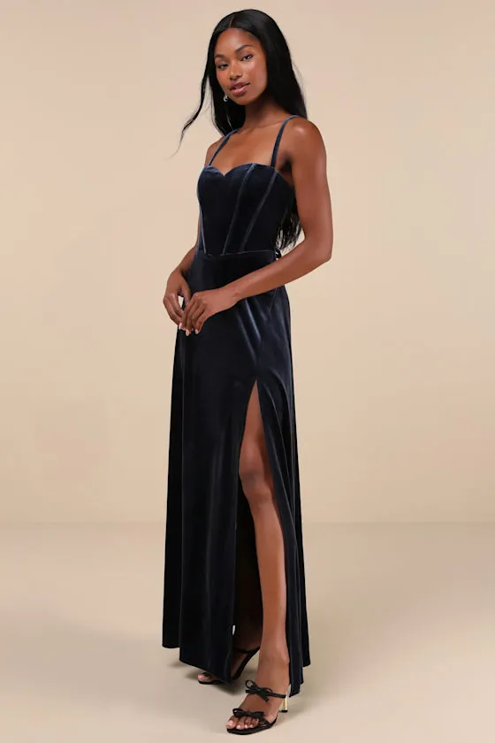 Extravagant Muse Dark Slate Velvet Lace-Up Bustier Maxi Dress sold by Lulus product image thumbnail 3