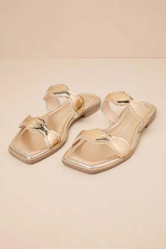 Ilva Low Heel Gold Distressed Leather Slide Sandals sold by Lulus