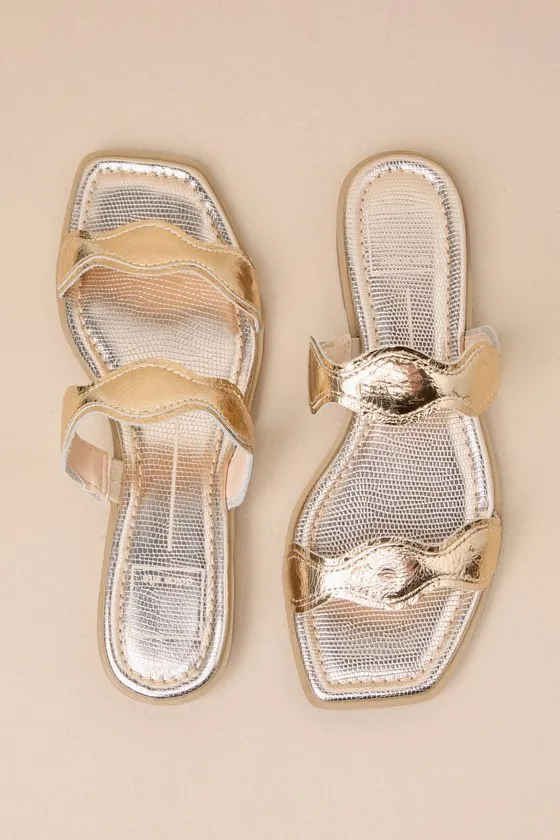 Ilva Low Heel Gold Distressed Leather Slide Sandals sold by Lulus product image thumbnail 3