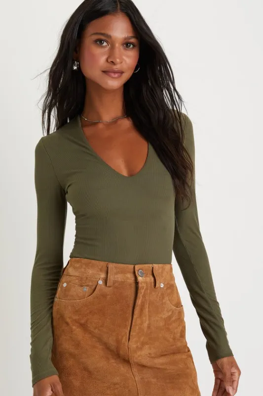 Obviously Perfect Olive Green Ribbed V-Neck Bodysuit sold by Lulus