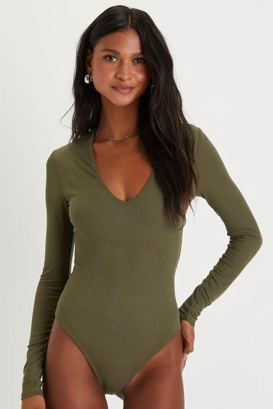 Obviously Perfect Olive Green Ribbed V-Neck Bodysuit sold by Lulus product image thumbnail 3