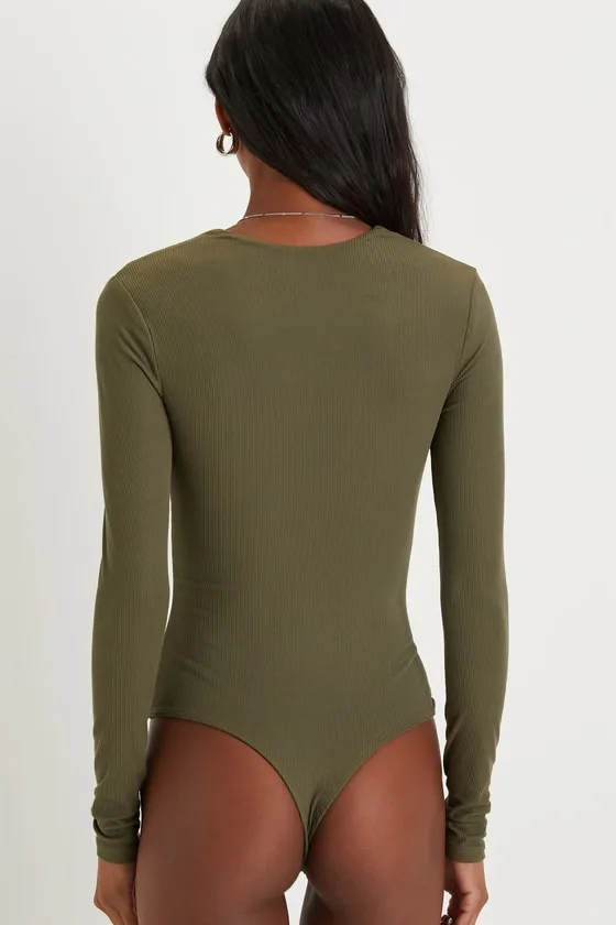 Obviously Perfect Olive Green Ribbed V-Neck Bodysuit sold by Lulus product image thumbnail 4