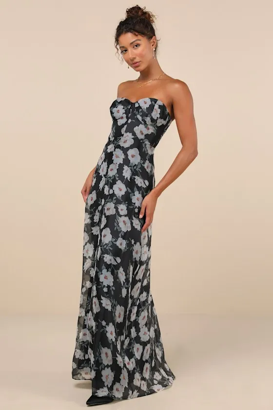 Chic Preciousness Black Floral Organza Bustier Maxi Dress sold by Lulus