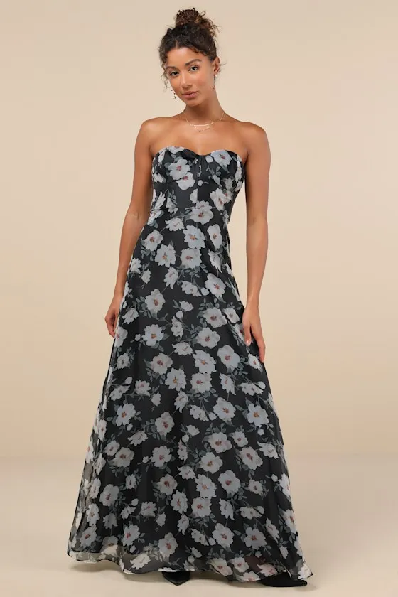 Chic Preciousness Black Floral Organza Bustier Maxi Dress sold by Lulus product image thumbnail 2