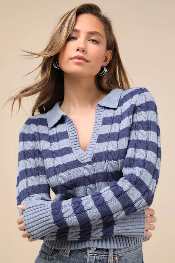 Cute Excellence Blue Striped Cable Knit Sweater sold by Lulus product image thumbnail 2