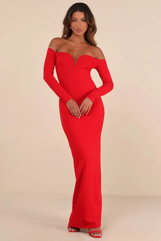 Opulent Perfection Red Long Sleeve Off-the-Shoulder Maxi Dress sold by Lulus