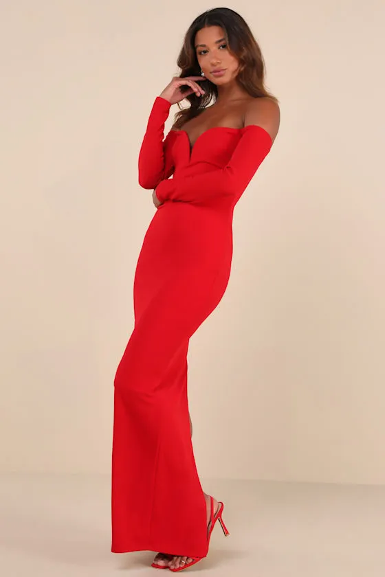 Opulent Perfection Red Long Sleeve Off-the-Shoulder Maxi Dress sold by Lulus product image thumbnail 4