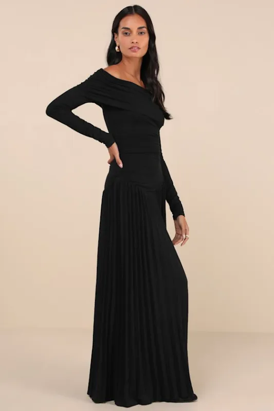 Field of Dreams Black Pleated Off-the-Shoulder Maxi Dress sold by Lulus