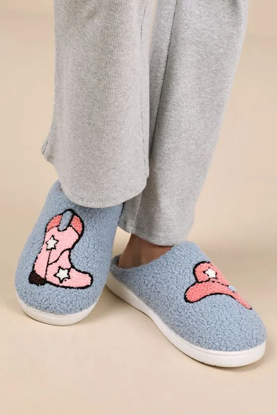 Cozi Blue and Pink Western Shearling Slippers sold by Lulus